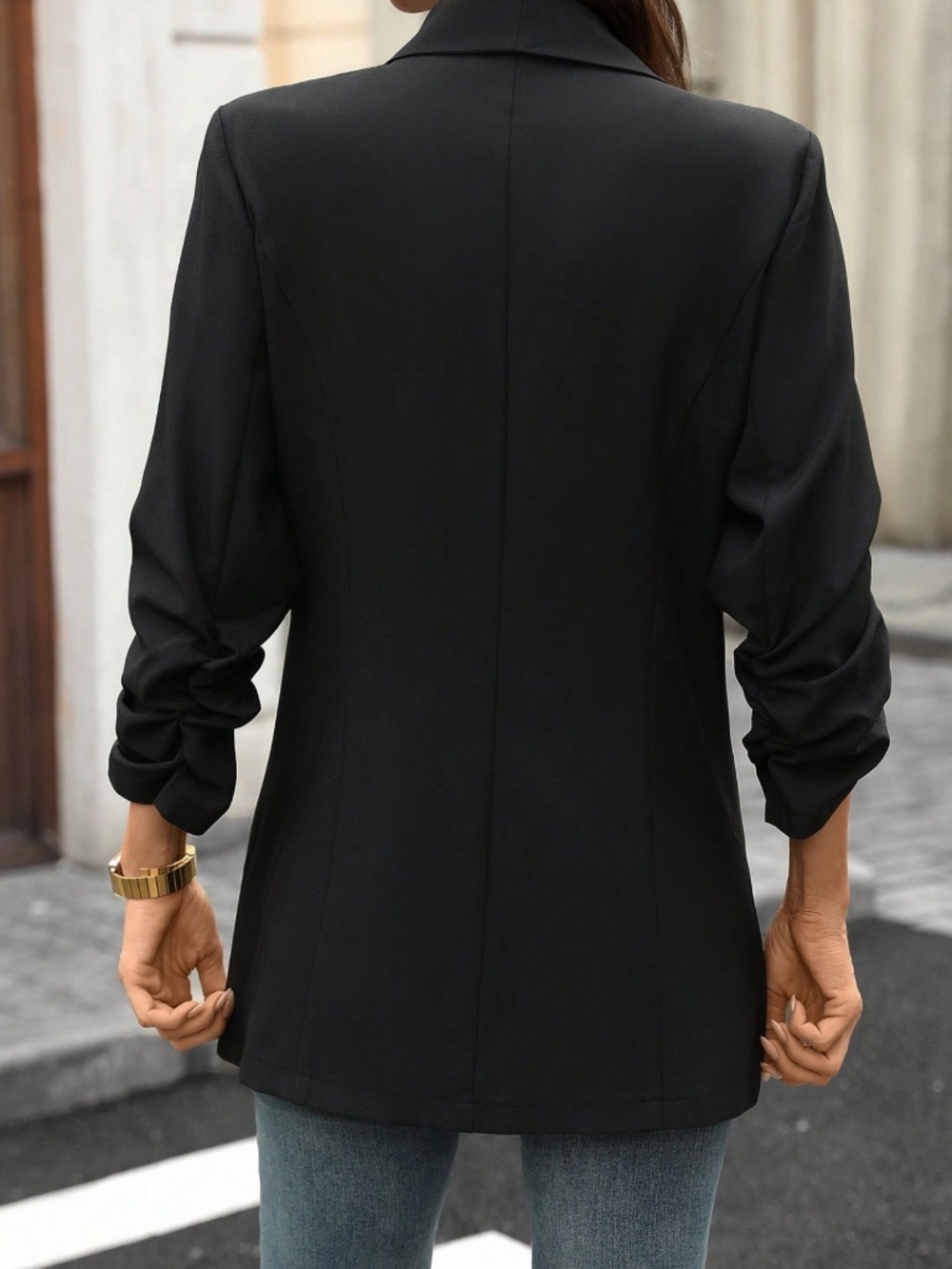 Classic Ruched 3/4 Sleeve Open Front Blazer Jacket Coat - Picture 8 of 8